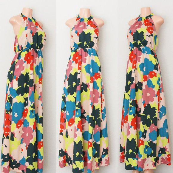 Jessica Simpson Vibrant Bold Colorful Floral Halter Neck Boho Long Maxi Dress 4 - Picture 14 of 16